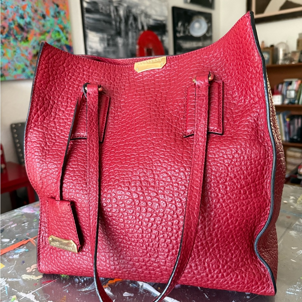 Burberry Medium Buckle Tote Pebbled Leather Burgundy